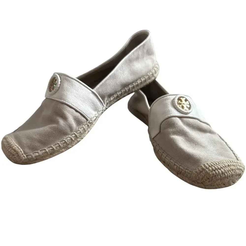 Tory Burch Lacey Canvas Khaki / Ivory Flat Espadrille Size 9
